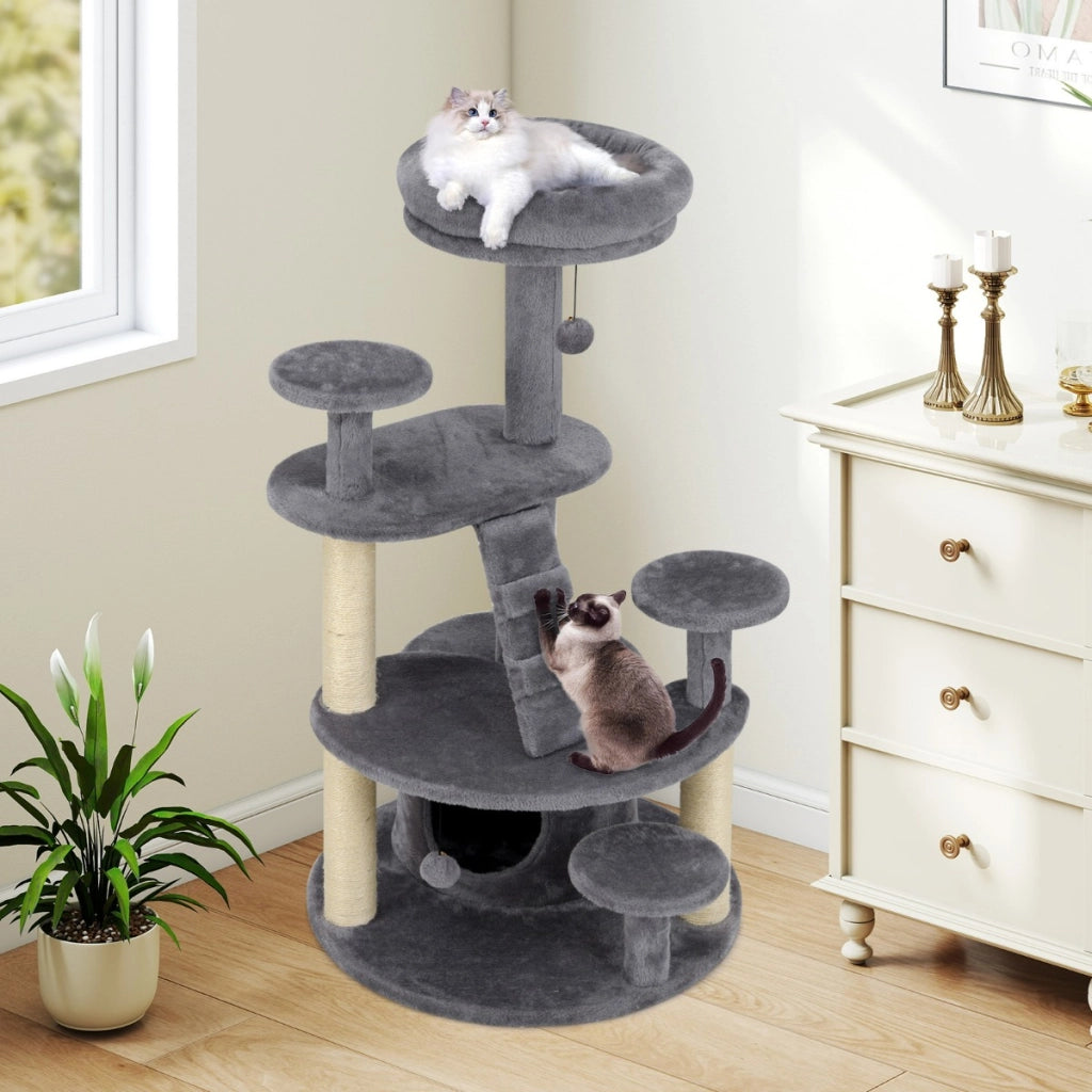 Albero per gatti adulti con condominio e piattaforma imbottita, Centro attivit¨¤ per animali domestici interno Grigio-Alberi Tiragraffi
