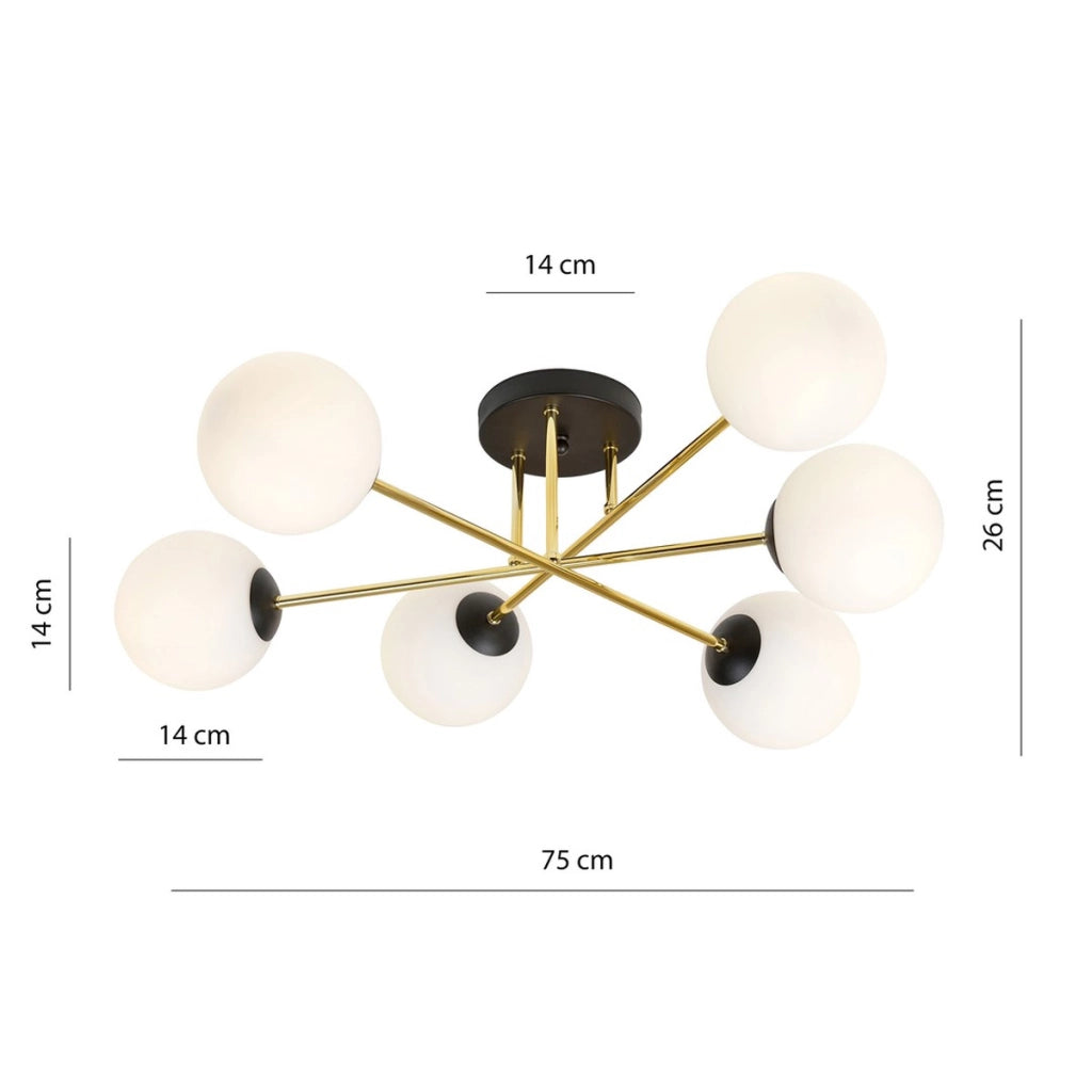 Lampada a sospensione Magnum in acciaio nero e oro con sfere in vetro bianco