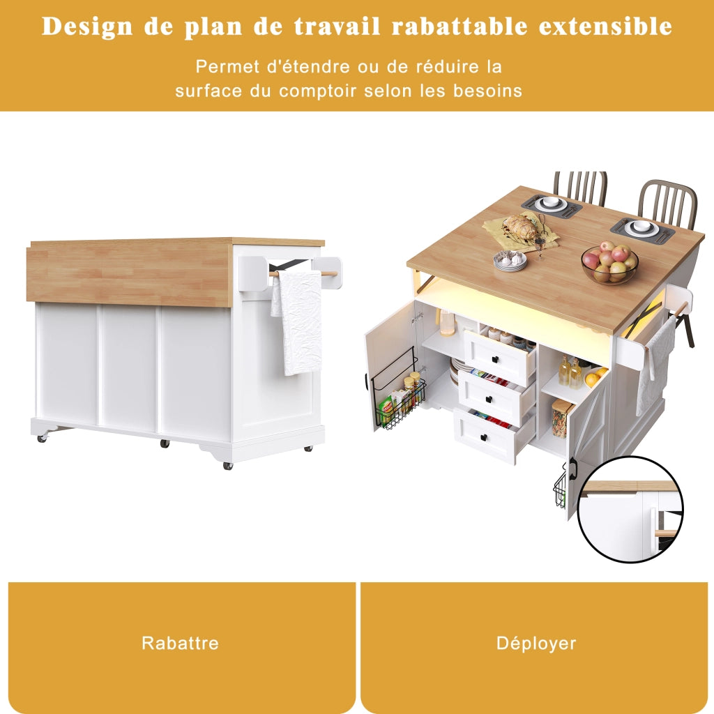 OKWISH Carrello da cucina con piano pieghevole, vani portaoggetti su due lati, luce led e ruote, per cucina e soggiorno, MDF, Bianco