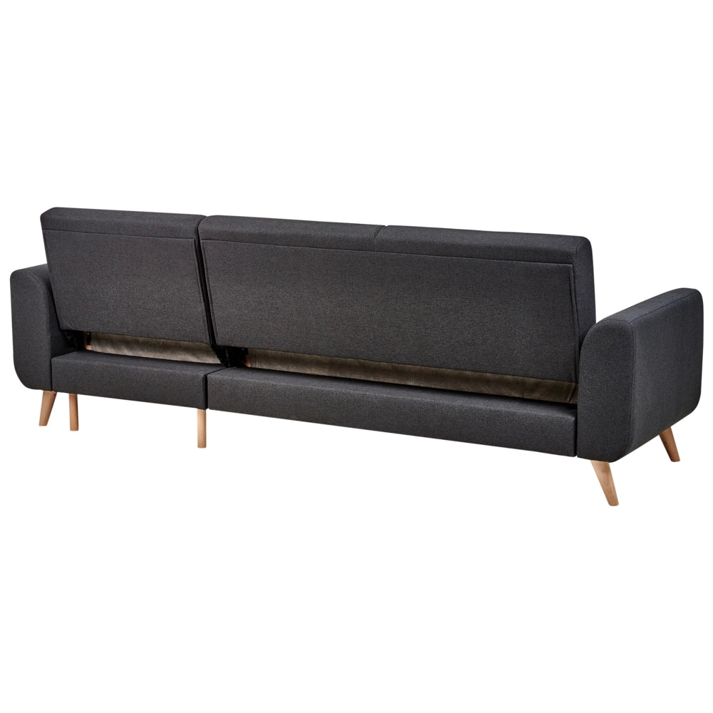 Divano letto ad angolo Rivestimento nero in tessuto poliestere Gambe in legno chiaro Cuscini Design moderno