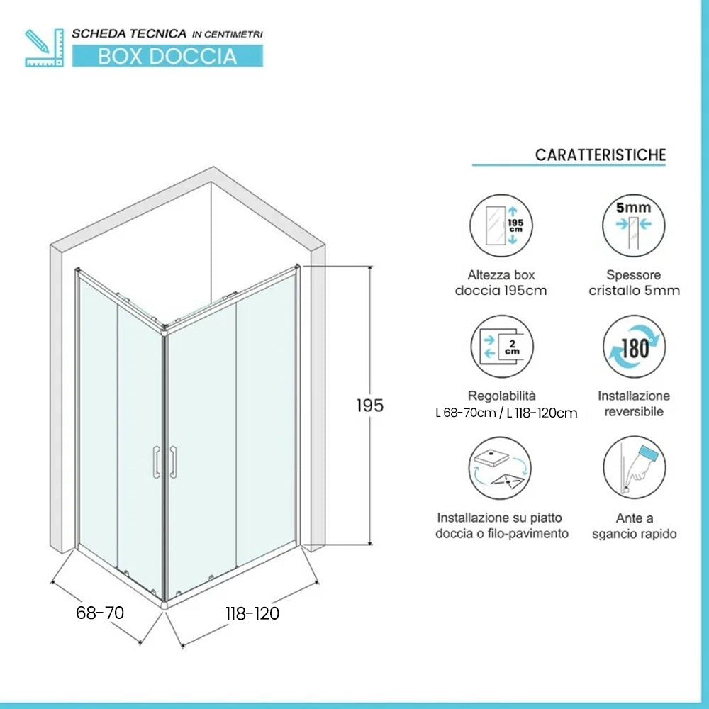 Box doccia angolare 70x120 in vetro temperato trasparente doppio scorrevole con profili neri Tay