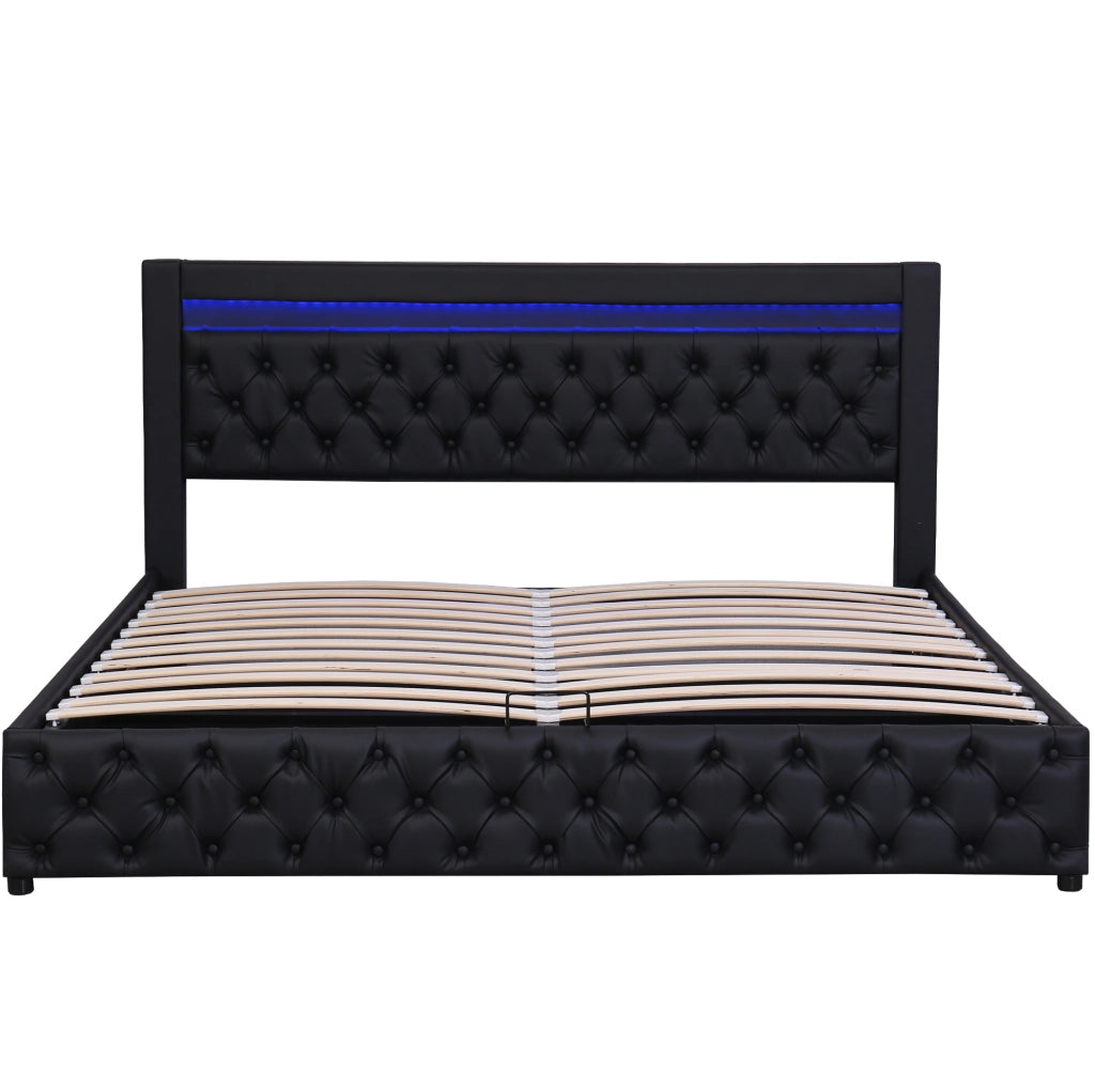 Letto matrimoniale 140x190 cm imbottito con contenitore; LED; rete a doghe; PU nero