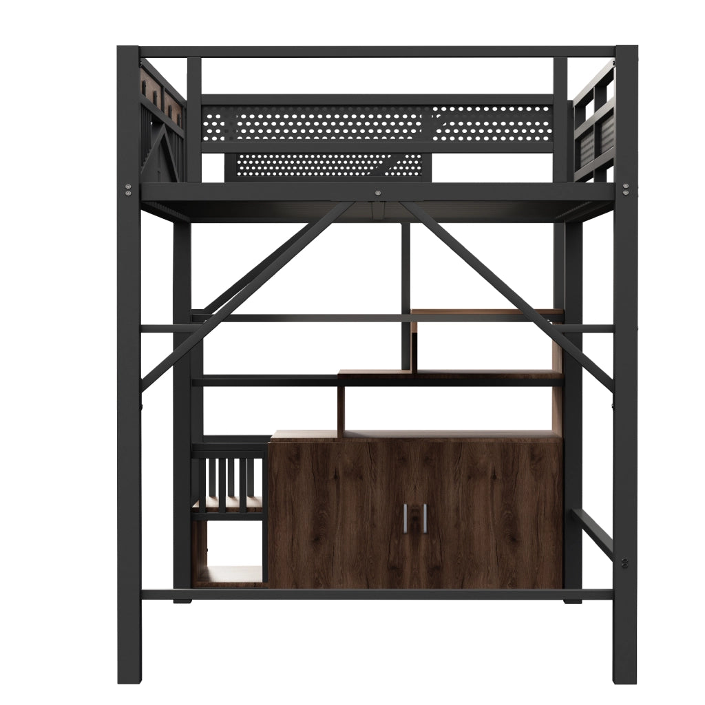 OKWISH Letto A Soppalco 140×200 cm, Letto Matrimoniale con Scala Contenitore, Armadietto e Spondine con Finestra, senza Materasso, Nero