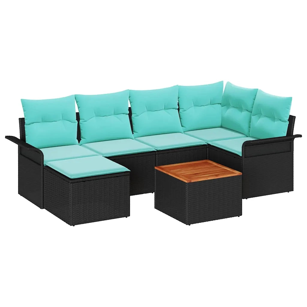 Set Divano da Giardino 7 pcs Nero e Turchese polyrattan