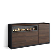 Credenza, Mobile, Cucina, 156x80x37 cm, 3 Porte, Camino elettrico, Rovere scuro e Nero