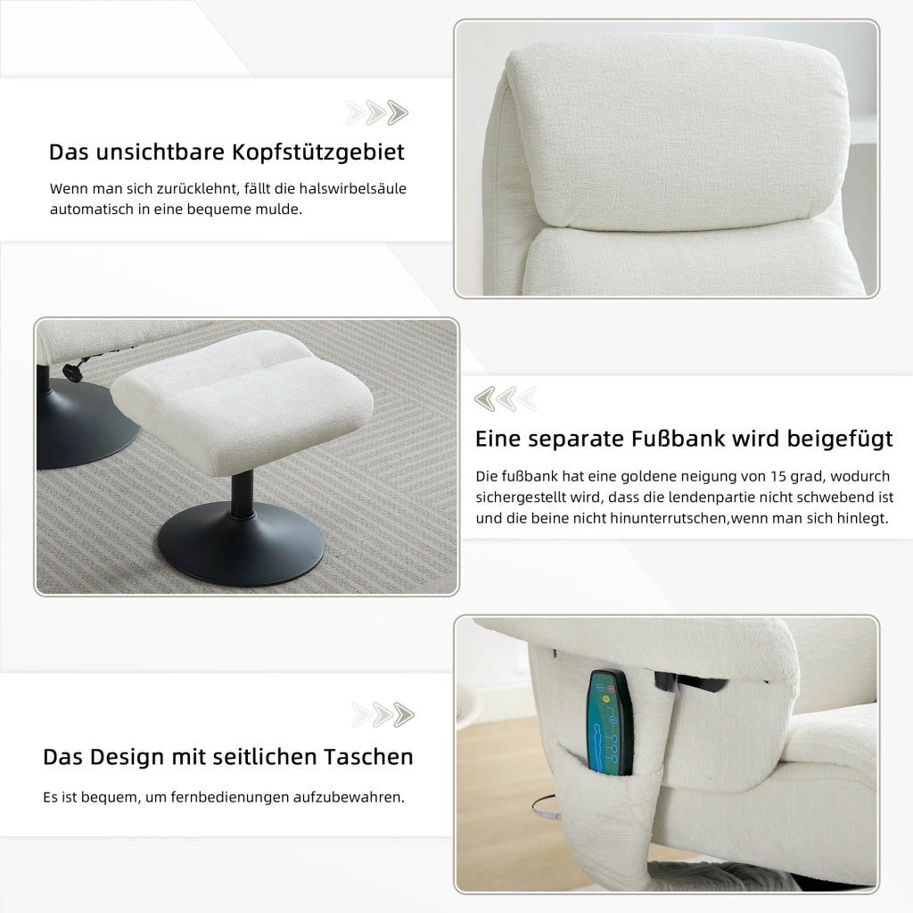 POLTRONA Relax con massaggio a 5 punti, riscaldamento, girevole 360°, 77x75,5x100 cm, bianca