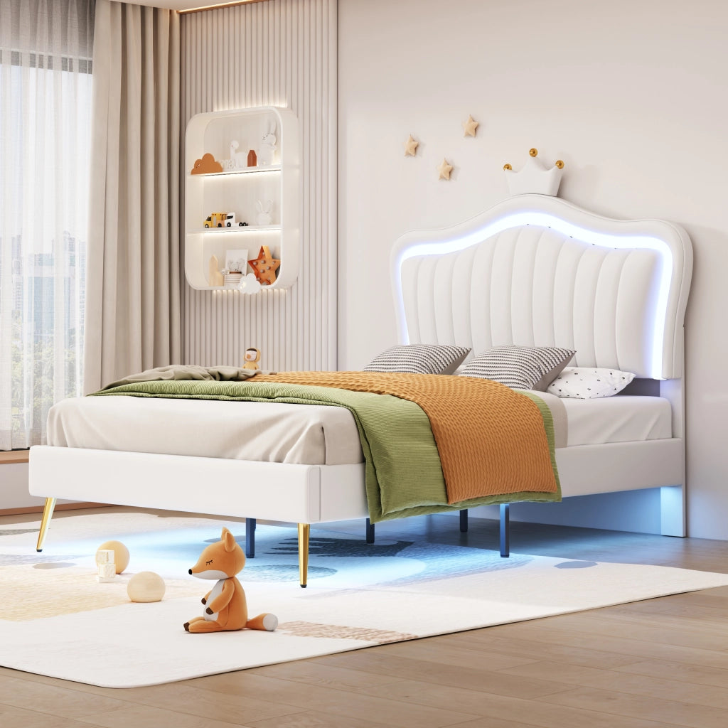 Letto per Bambini 90 x 200 cm e 140 x 200 cm; con LED e Testiera Regolabile; senza Materasso; Bianco