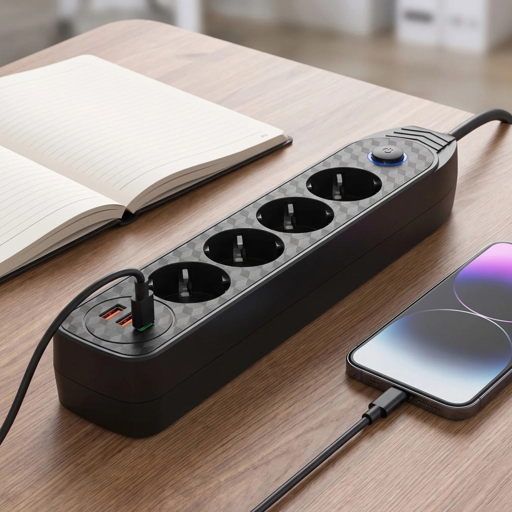 Multipresa Con Prolunga, 4 Prese + 2 Porte Usb-a + Usb-c Jnh025-4b Black