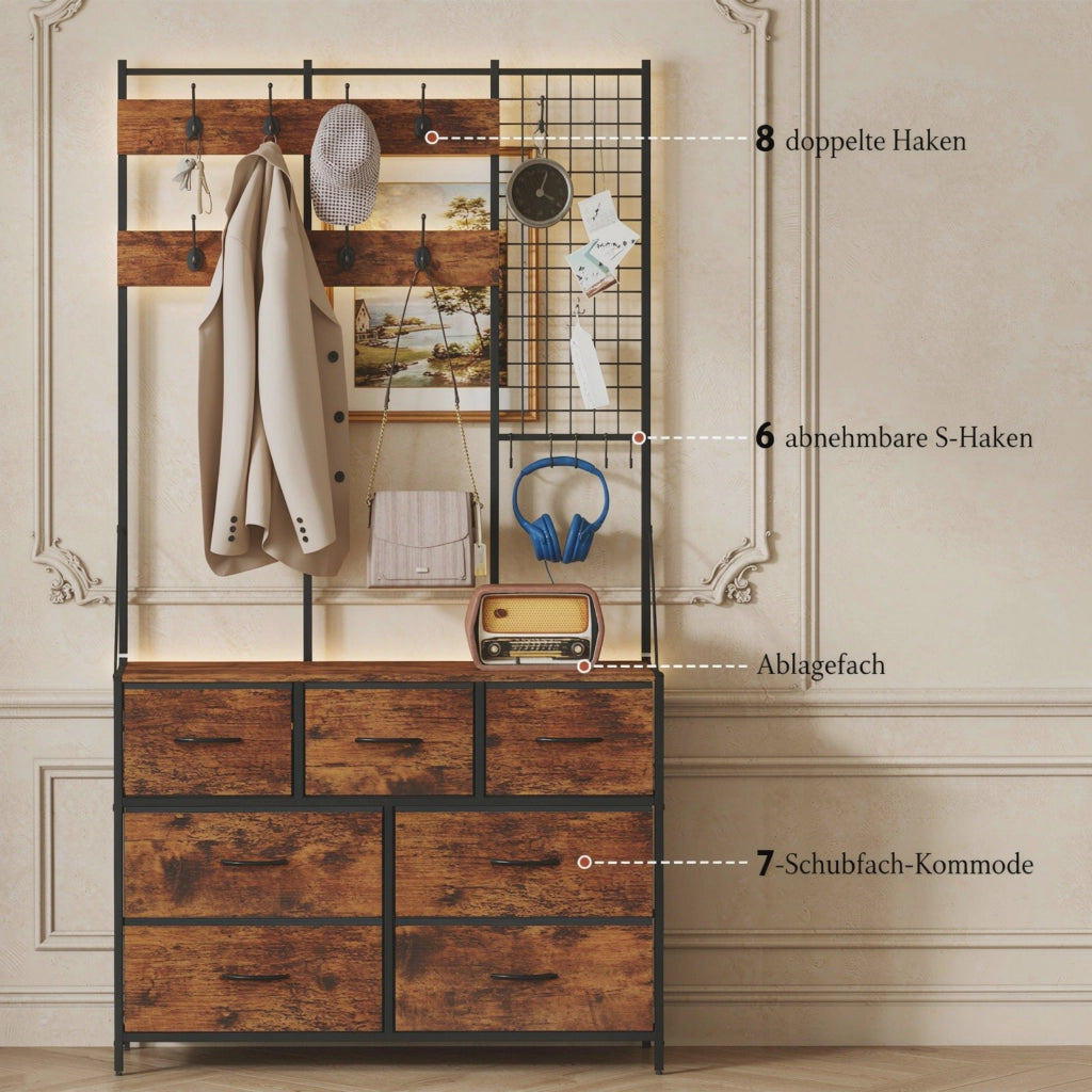 Set mobile ingresso 4-in-1, armadio con 7 cassetti in tessuto e 14 ganci