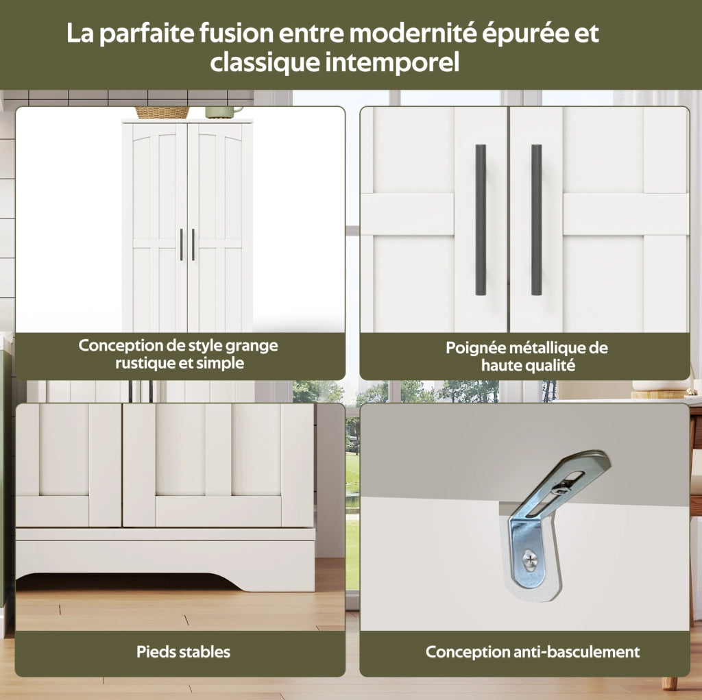 Credenza alta moderna 120x60x40 cm in MDF bianco con luce LED sensore e ripiani regolabili