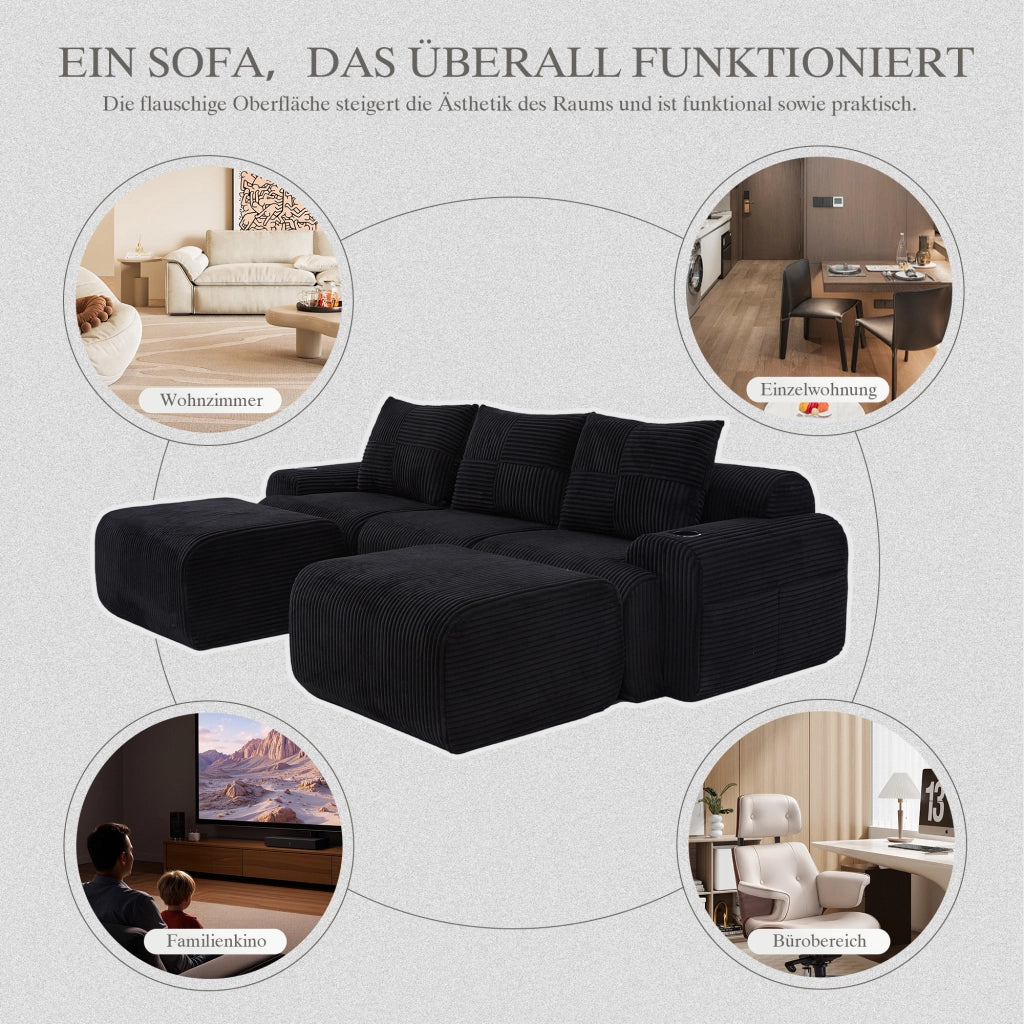 Divano modulare a 3 posti con portabicchieri e tasca laterale in tessuto effetto corduroy nero 268 × 174 × 66 cm