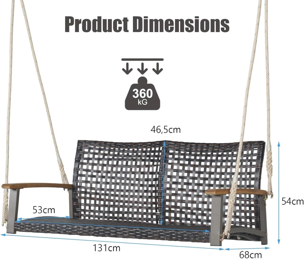 Panca sospesa in rattan per 2 persone, altalena da giardino sospesa, sedia a dondolo con ringhiera in legno di acacia, dondolo Hollywood fino a 360 kg, per balcone, giardino, terrazza