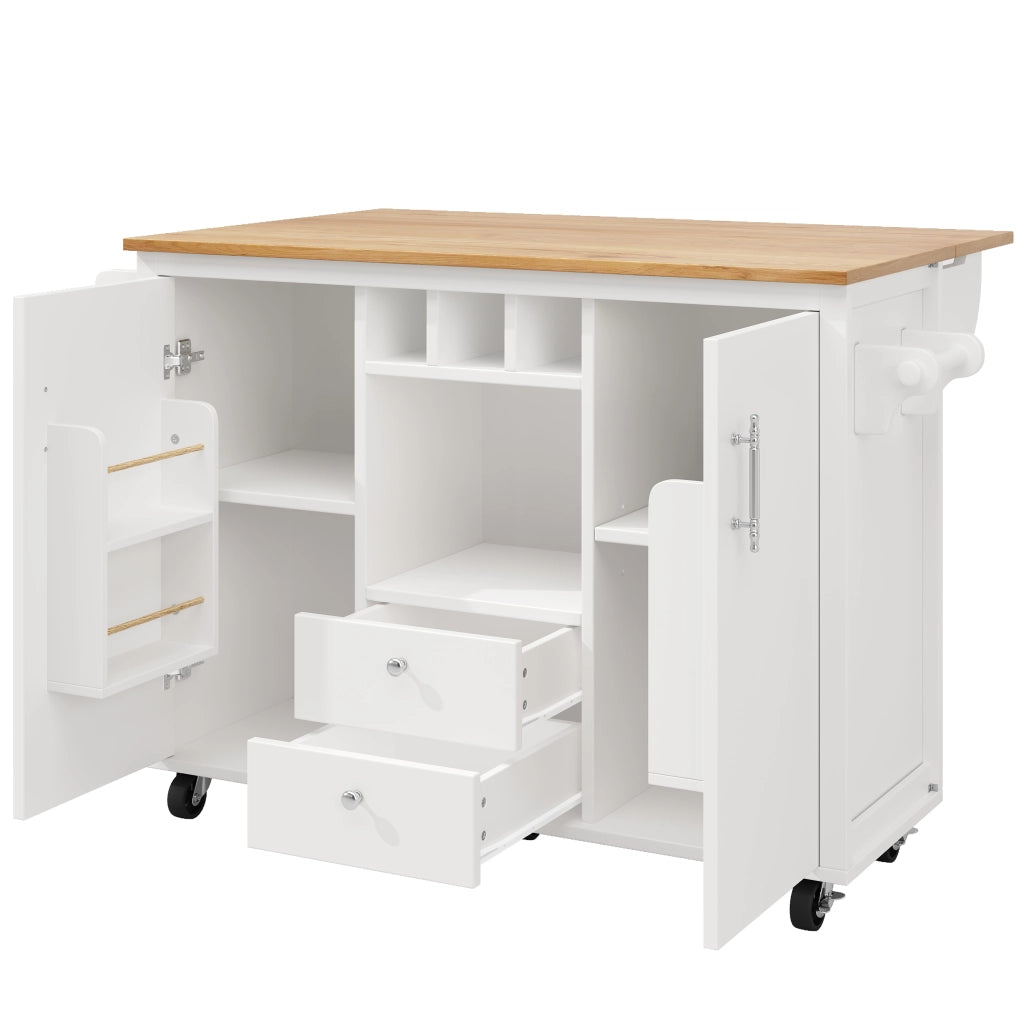 Carrello da Cucina con 2 Cassetti; 2 Ante; Piano Pieghevole; Portasciugamani; Portabottiglie; Bianco
