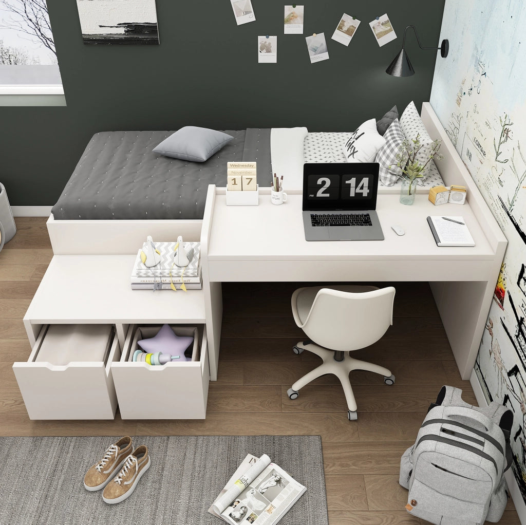 Letto per bambini con scrivania e 2 cassetti; 90x200 cm; legno massello di pino e MDF; bianco
