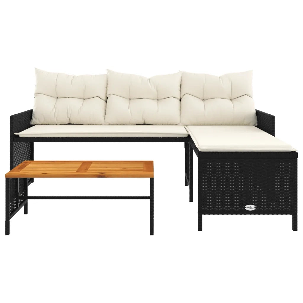 Divano da Giardino con Tavolo e Cuscini a L Nero in Polyrattan 365581