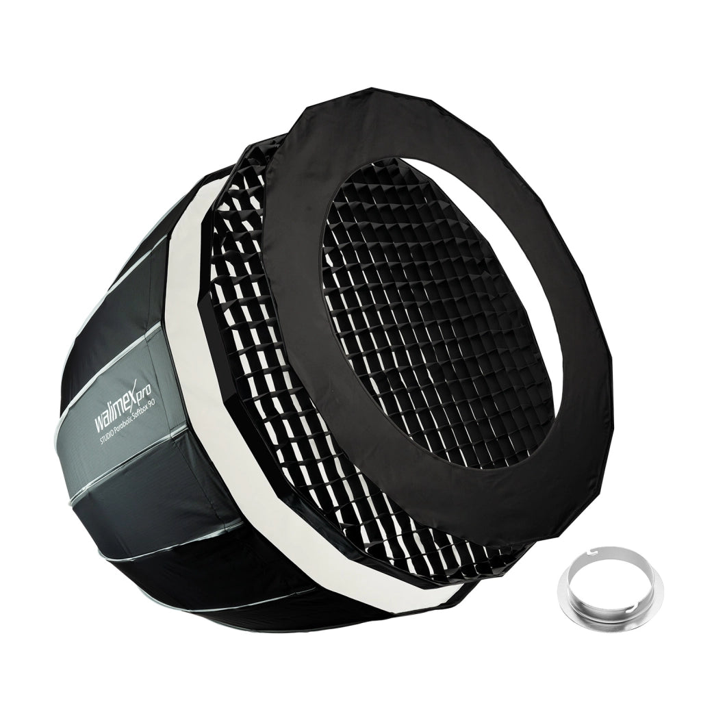 Studio Parabolic Softbox 90cm + adattatore softbox per Elinchrom (diametro esterno: 15,2 cm), facile da montare grazie alla funzione ombrello, include griglia, maschera, adattatore Bowens
