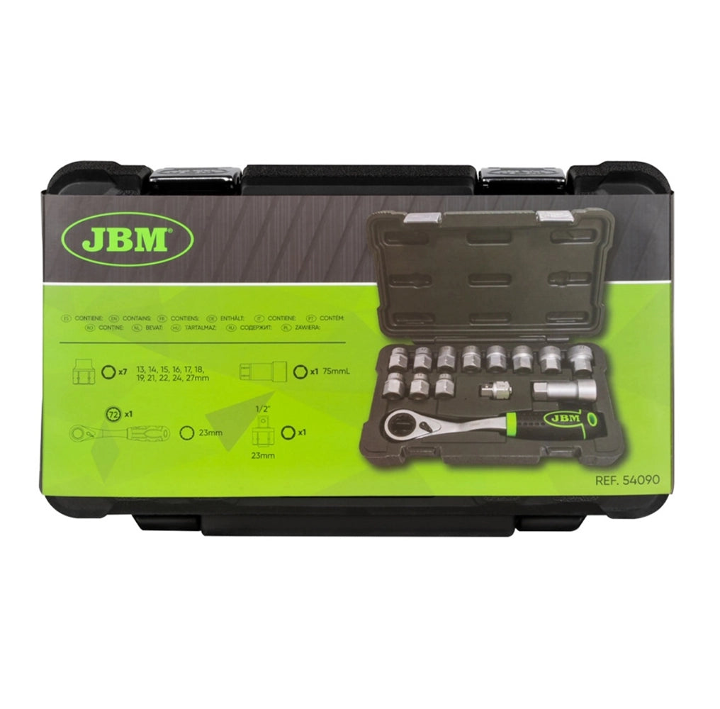 Cassetta di Utensili JBM Go Trough con Cricchetto Salva Spazio Reversibile – Set da 14 pezzi per perni lunghi e bussole esagonali