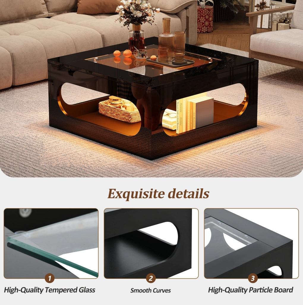 Tavolino da salotto quadrato 70 x 70 x 35 cm con LED controllato da app; vetro temperato; nero