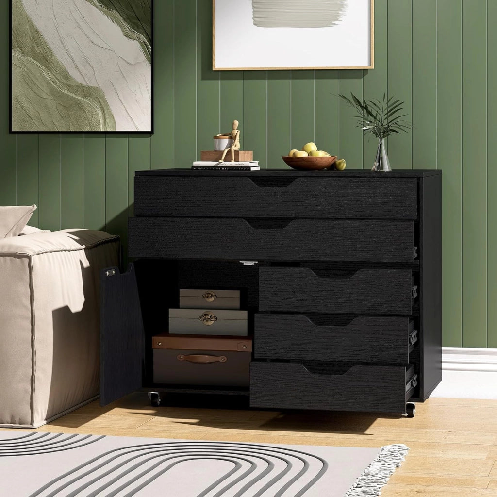 Cassettiera con 5 cassetti e 1 armadietto, armadietto mobile a 5 ruote, cassetto sotto scrivania, 77,5 x 40 x 64 cm (nero)