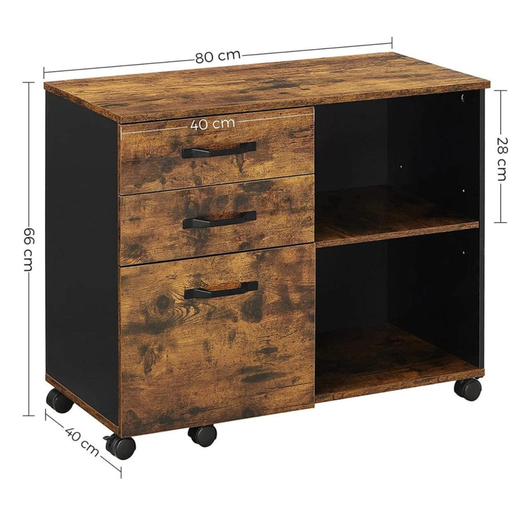 Mobiletto portaoggetti per ufficio a 3 cassetti con scomparti aperti credenza per documenti A4 supporto per stampante stile industriale 80 cm marrone rustico e nero 12_0002403