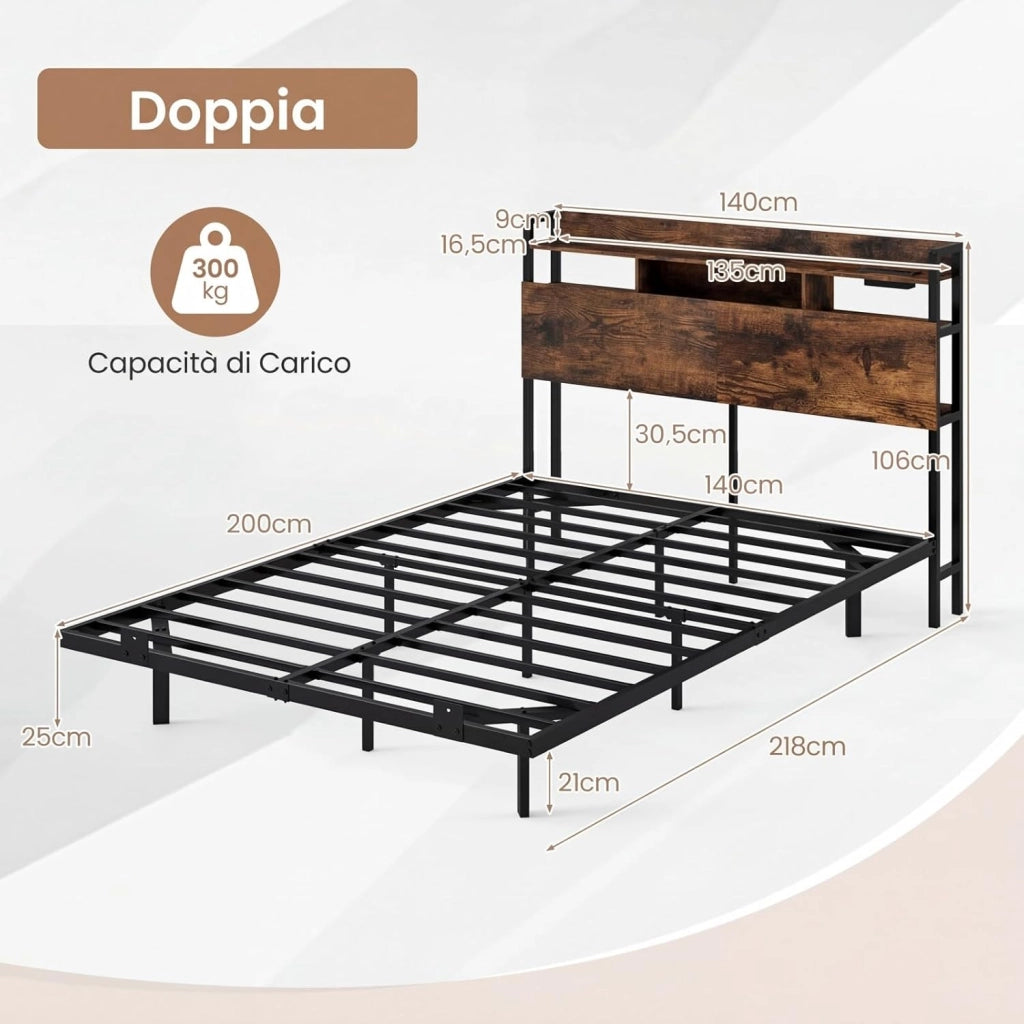 Letto Matrimoniale 140 x 200 cm, Struttura Letto Fluttuante con Luci LED e Stazione di Ricarica, Telaio Industriale in Metallo con Testiera Contenitore, Silenzioso