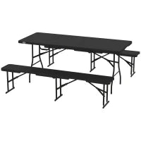 Set da Pic Nic Pieghevole a 3 Pezzi con Tavolo e 2 Panche in HDPE e Metallo, Nero