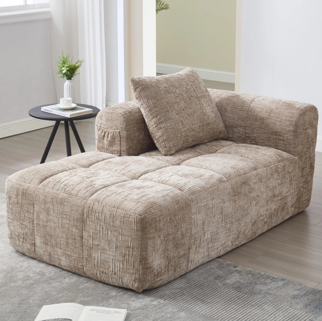 Chaise longue imbottita in chenille color khaki; 158 x 90 x 60 cm; con tasche laterali e cuscino