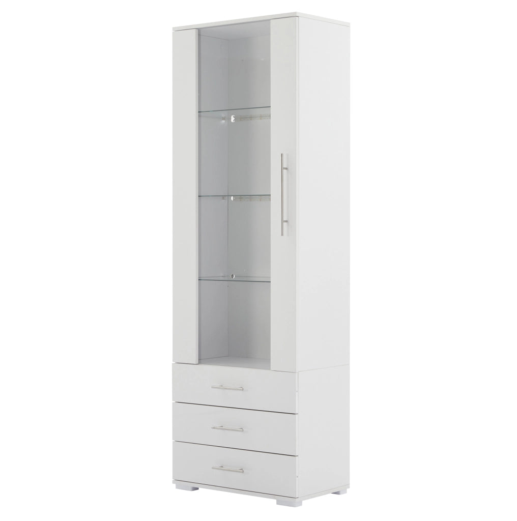 Vetrina 60x35x180 cm in MDF bianco lucido con LED e 3 cassetti