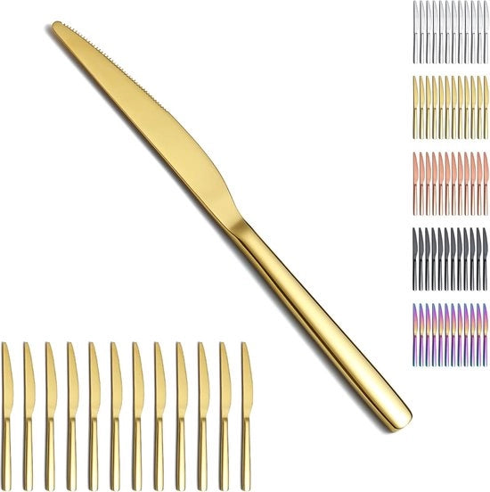 Set di coltelli da steak, 12 pezzi, rivestimento in titanio, oro, acciaio inossidabile, coltelli da tavola, set di posate, resistente alla lavastoviglie