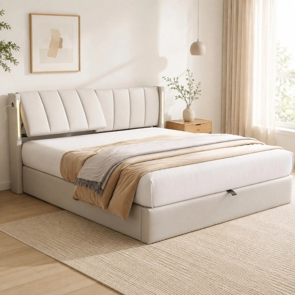 Letto imbottito 140x200 cm con LED, USB, contenitore e rete a doghe, bianco
