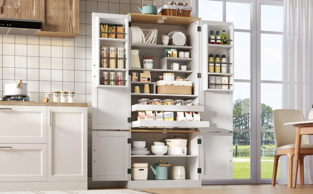 Dispensa alta con 3 ripiani sulla porta, 2 cassetti e luce con sensore per cucina in MDF bianco 80 × 40 × 180 cm
