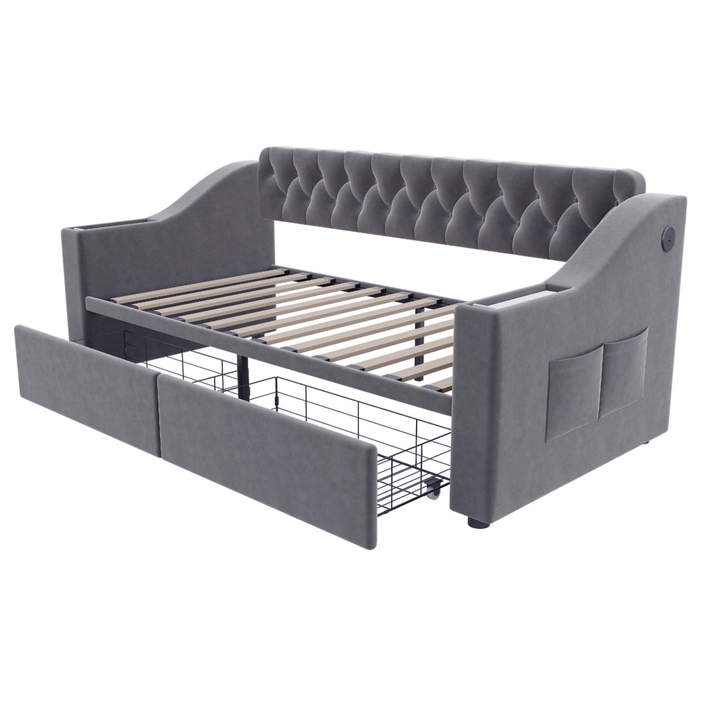 Divano letto imbottito 90x190 cm in velluto grigio con contenitore; USB e USB-C
