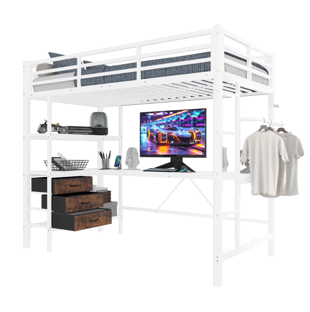 Letto a soppalco 90x200 cm con scrivania; LED; USB; 3 cassetti e ripiani in metallo; bianco