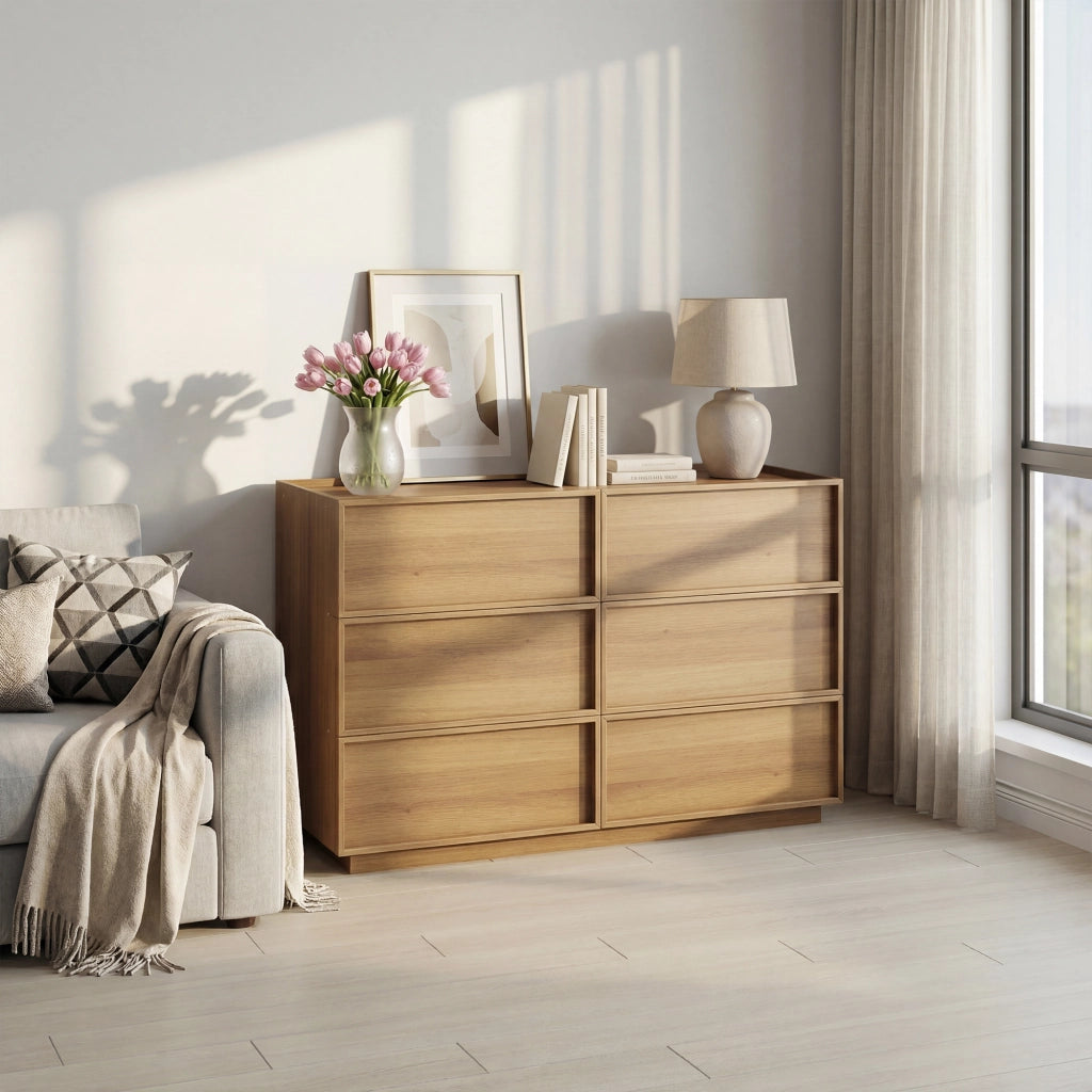 Comò con 6 cassetti e guide metalliche, per camera da letto e soggiorno, in MDF e truciolato, rovere, 115 × 48 × 78 cm