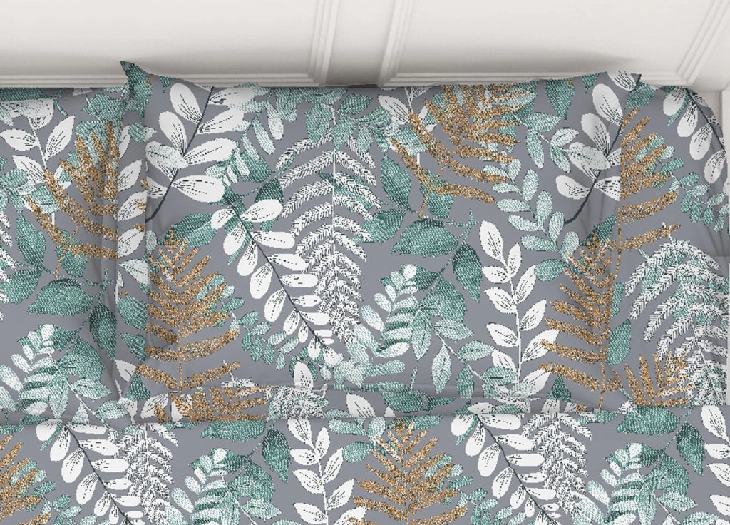 Completo Lenzuola In 100% Cotone Made Italy Disegno Foglie Botanico - Matrimoniale - Foglie