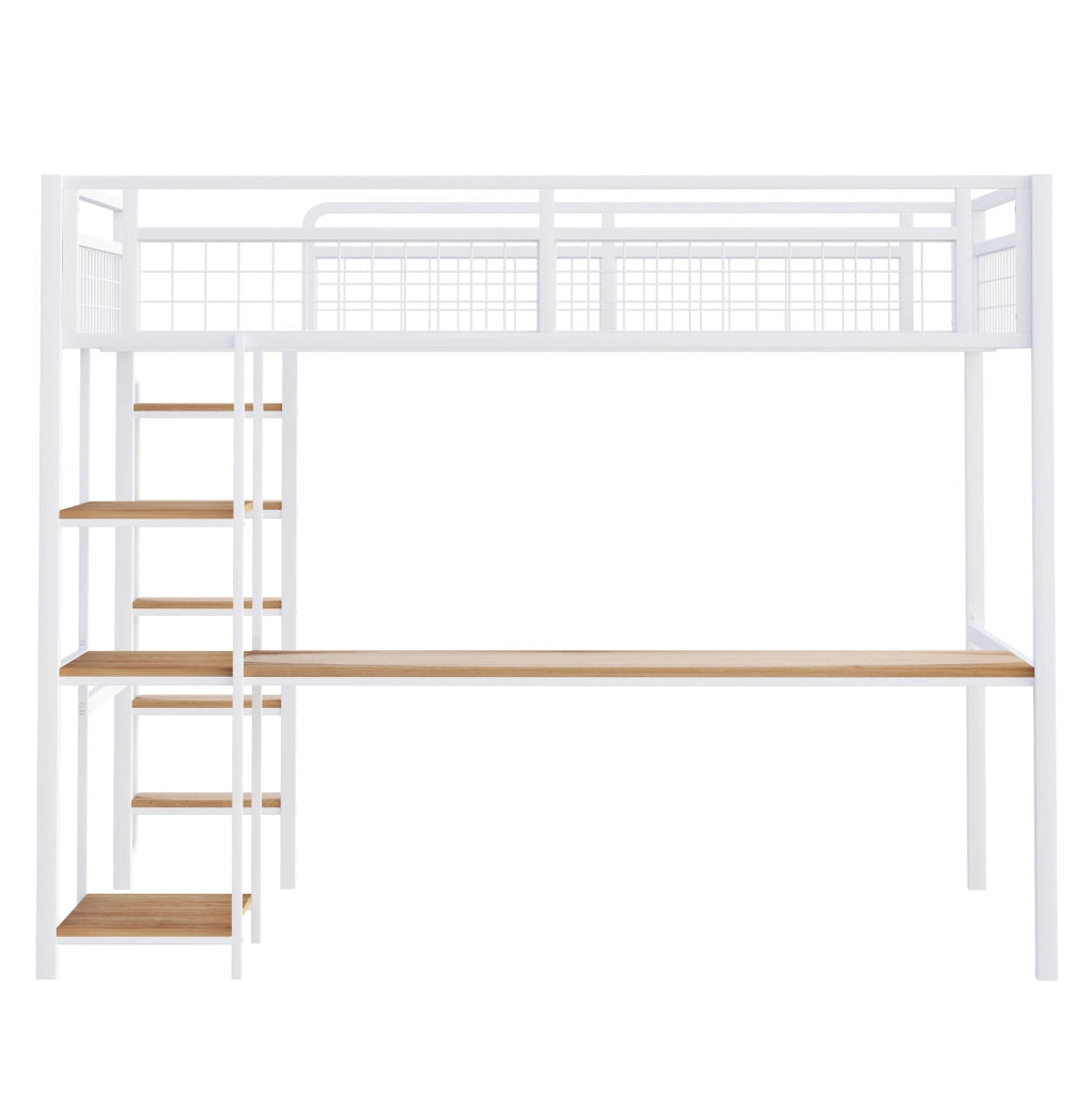 Letto a soppalco 140x200 cm con scala; tavolo e ripiani; bianco