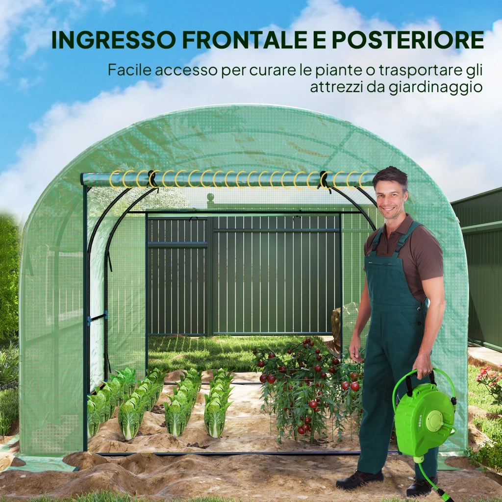 Serra a Tunnel per Orto 3x3x2 m con Porte Avvolgibili e Finestre in Acciaio e PE Anti UV Verde
