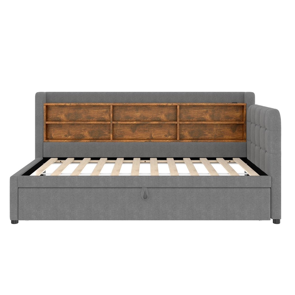 Letto estraibile singolo 90×200 cm con USB; Type-C; testiera con ripiani; senza materasso; lino; grigio