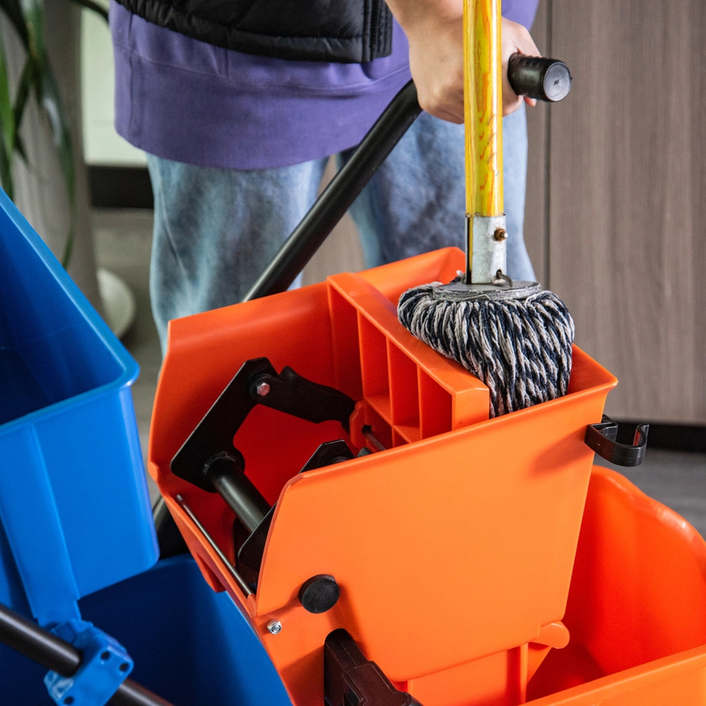 Carrello Pulizie Professionale da 26L con 2 Secchi Lavapavimenti, in Plastica e Metallo, 78x45x95 cm, Arancio Blu