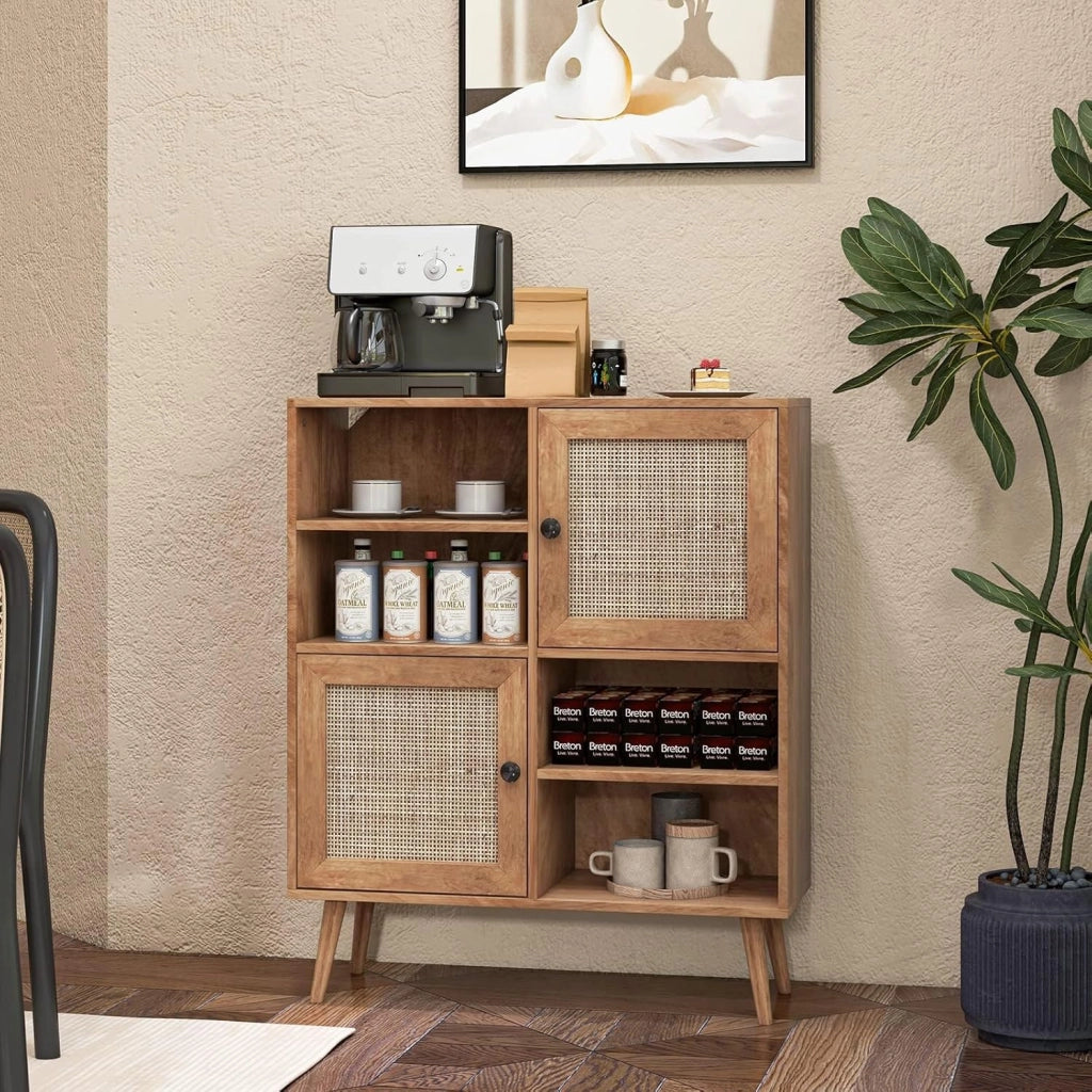 Credenza Cucina con Ante in Rattan, Armadietto a Buffet in Legno, Mobile Buffet Dispensa Elegante e Classico con Ripiano Aperto, per Sala da Pranzo, Soggiorno, 80 x 29,5 x 97 cm, Naturale