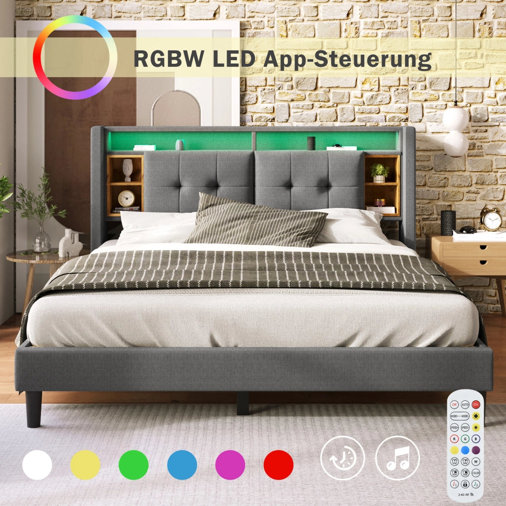 LETTO matrimoniale 140x200 cm grigio con testiera contenitore, USB e LED