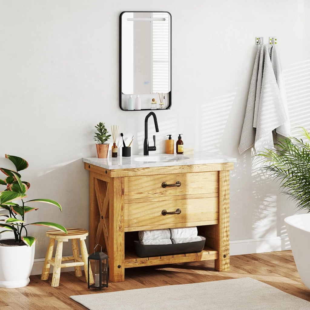 Specchio da Bagno LED 80 x 60 cm con Mensola, Specchio da Trucco con Cornice in Alluminio, Funzione Antiappannamento, 3 Colori di Luce e Luminosità Regolabile, Specchio da Parete