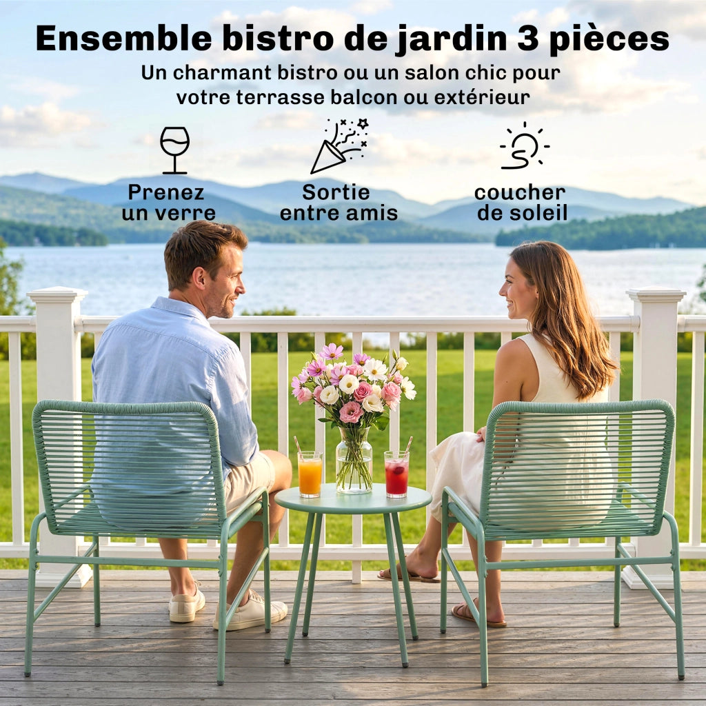 Set da Giardino 3 Pezzi in Resina ¨C Minimal ¨C Verde, Tavolo Rotondo con 2 Sedie, 58x67x75cm