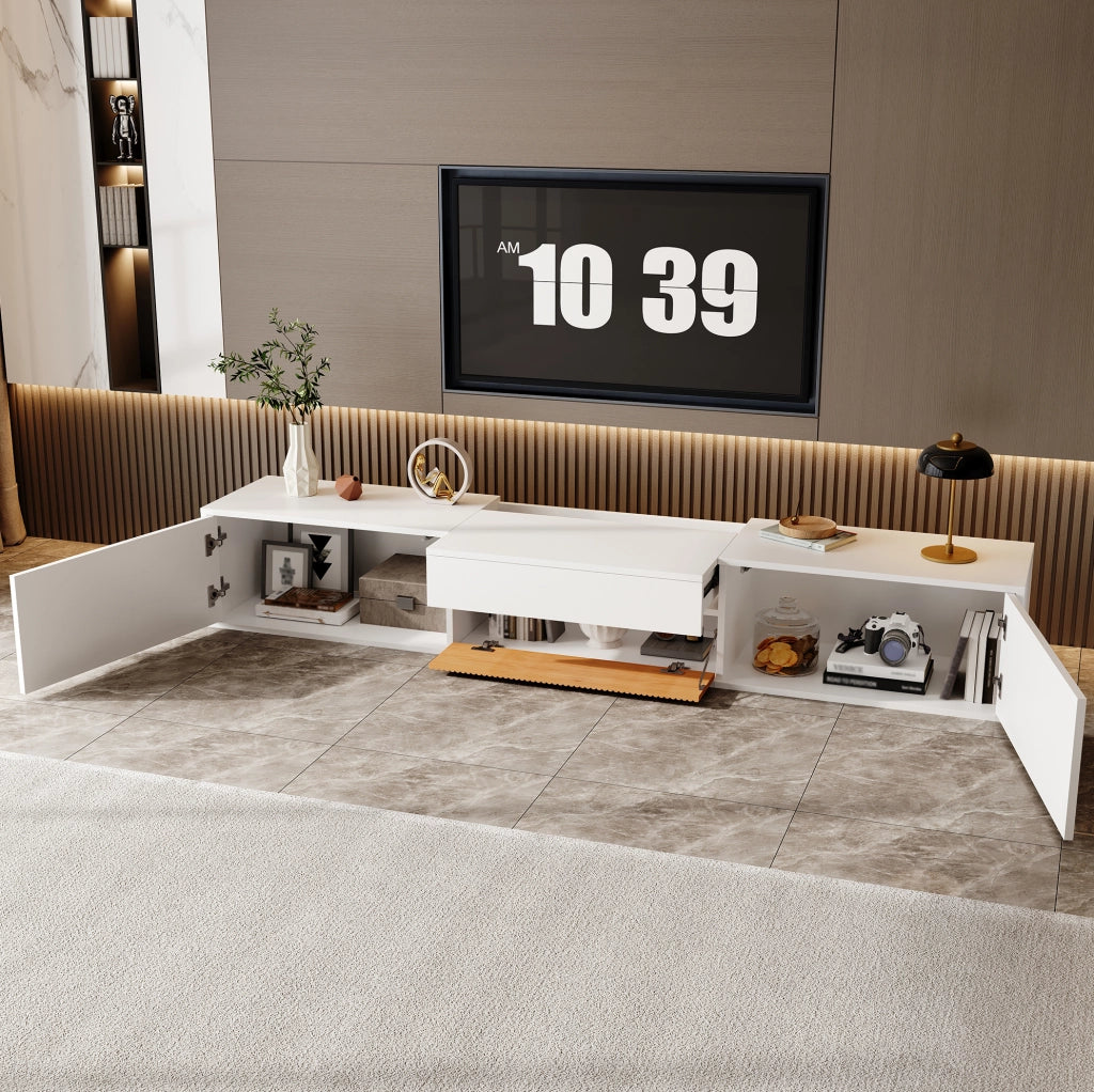 Mobile TV 180x34x30 cm con ripiano estraibile e doppio montaggio in truciolato bianco