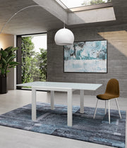 Tavolo Allungabile Banner 90x90/163,5 cm in Vetro Temperato Acidato e Metallo Verniciato Bianco - Design Elegante Minimalista