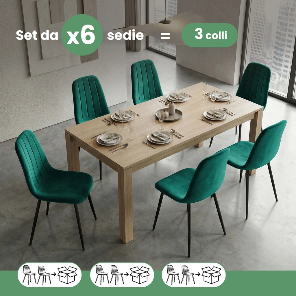 Set di 6 Sedie in velluto trapuntate LUMO Verde Bottiglia gambe nere