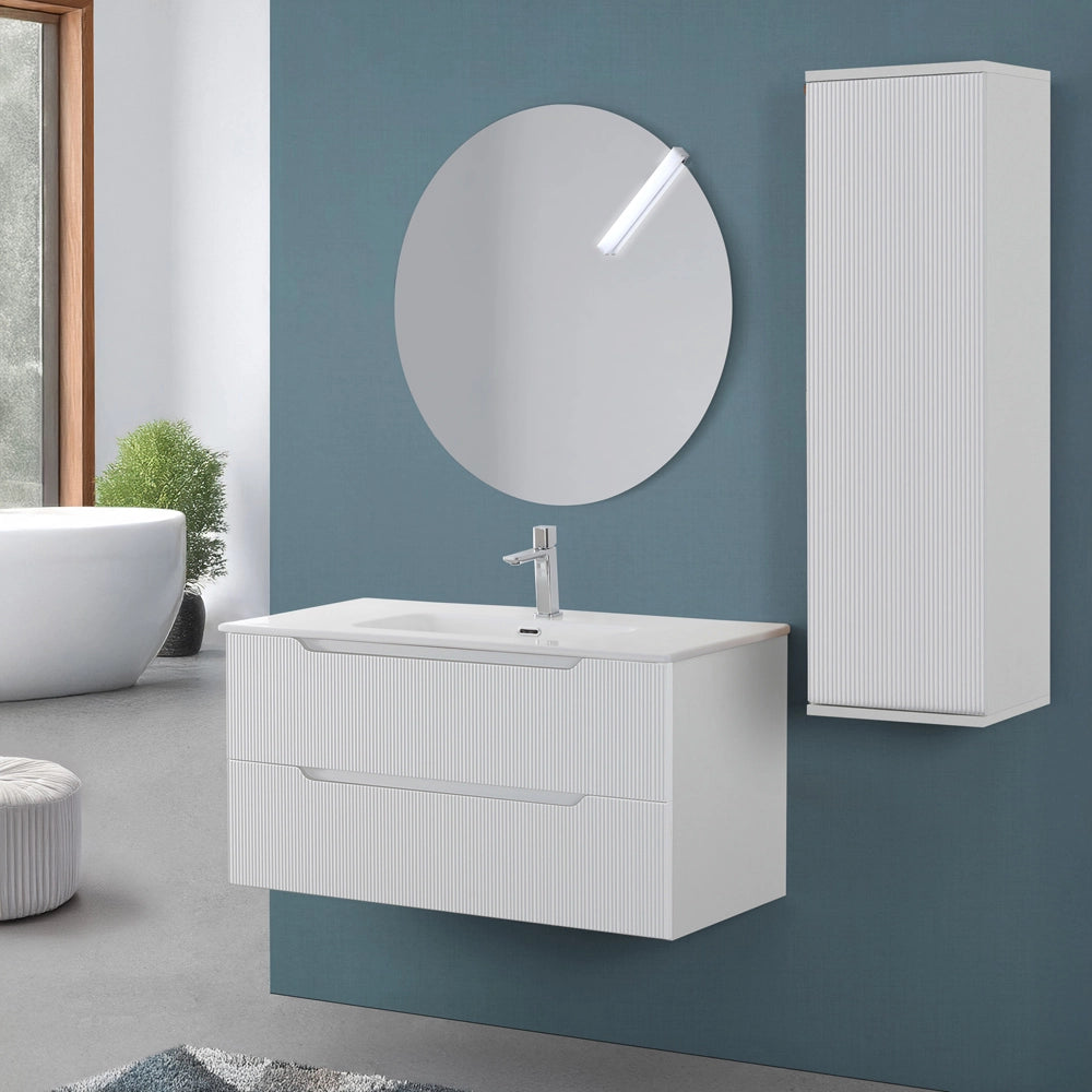 Mobile bagno sospeso 100 bianco cannettato doppi cassetto lavabo e specchio Wise