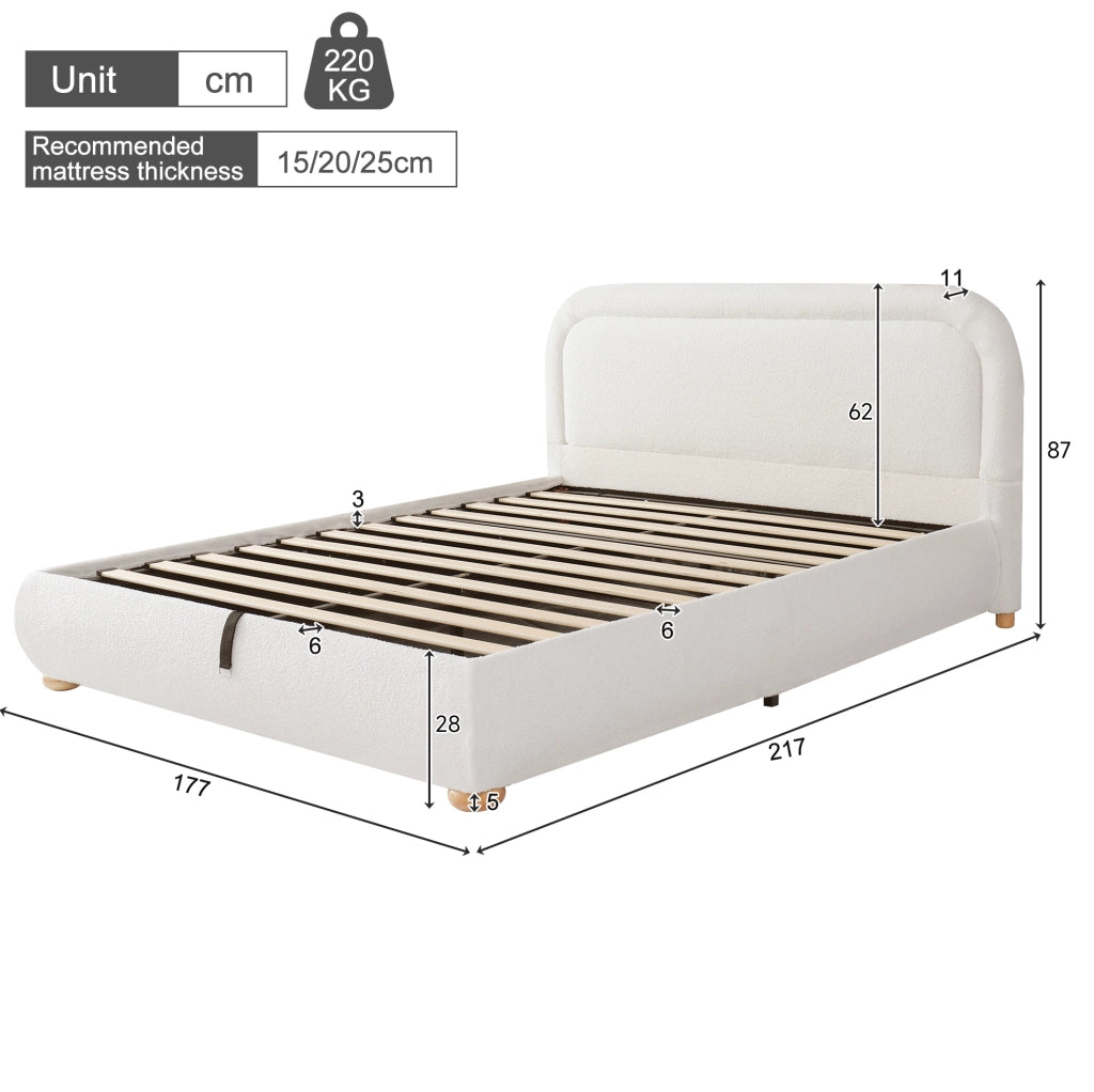 Letto matrimoniale 160x200 cm con contenitore idraulico; testiera imbottita in bouclé bianco