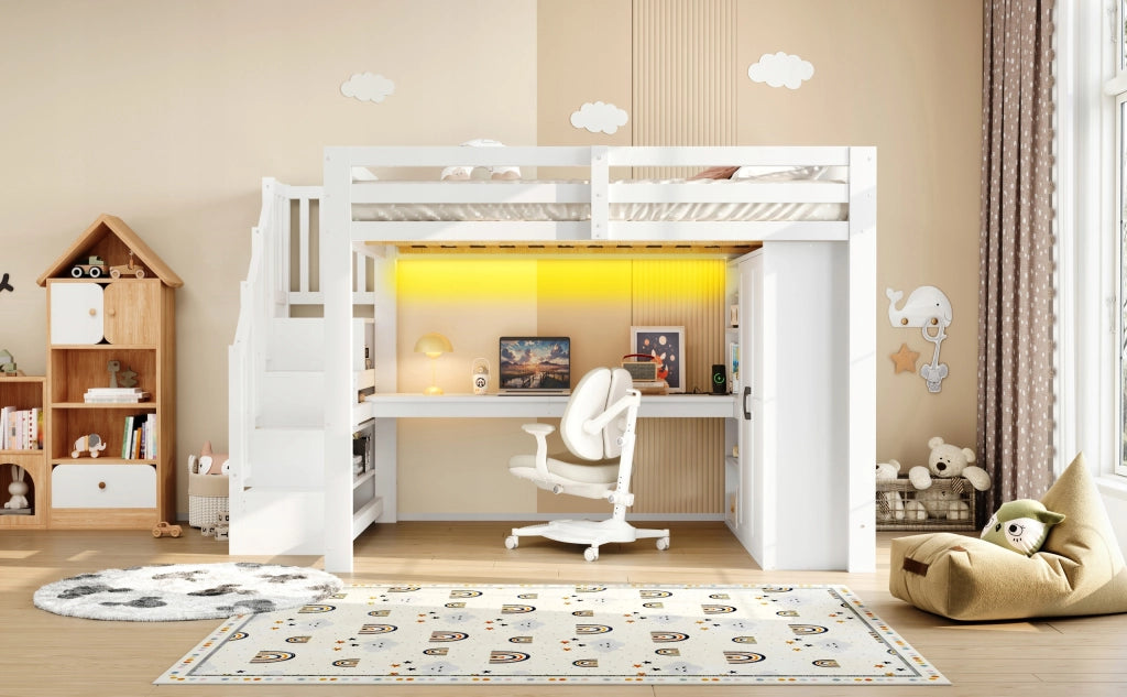 Letto a castello con scrivania e armadio - Xylo - 140x200 - Bianco - USB, LED