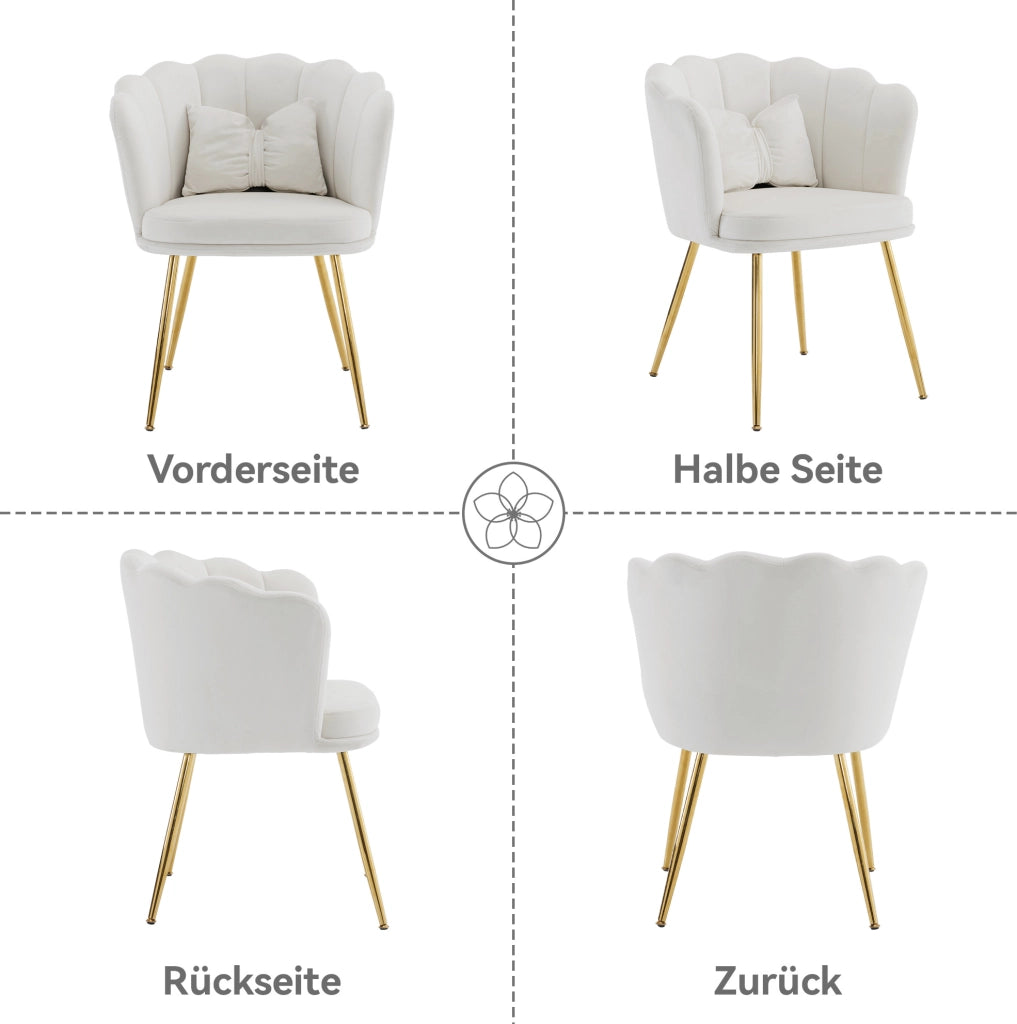 Poltrona in velluto beige con schienale a petali; gambe dorate e cuscino a farfalla